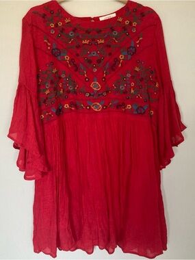 Umgee Red Gauzy Embroidered Dress Flowy Bell Sleeves 1XL Boho